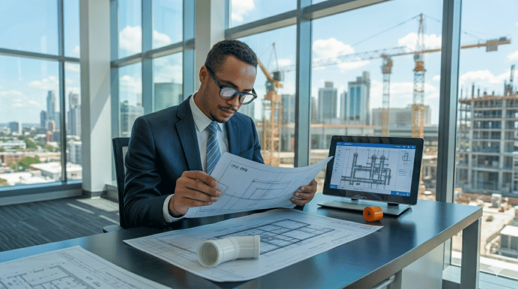 A man in a suit studies architectural blueprints at a desk, with a computer displaying building plans and a construction site visible outside the window.