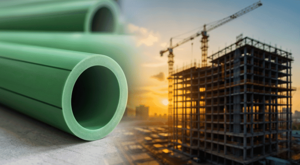 Close-up of green pipes with a backdrop of a construction site under sunset. Cranes and a building frame silhouette against an orange sky, conveying progress.