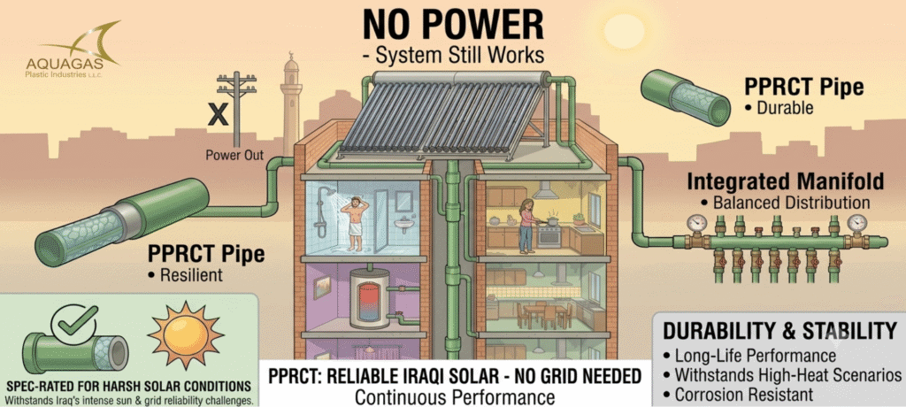 Modern PPR pipes replacing aging galvanized iron and PVC water networks in Iraq, providing superior resistance to corrosion, salinity, and long-term infrastructure challenges.