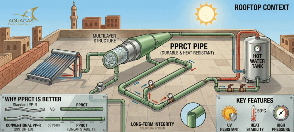 PPRCT pipe installed in a solar water heating system in Iraq, providing reliable hot water distribution and long-term performance during frequent power outages.