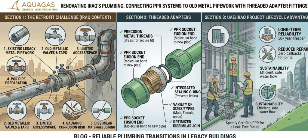 Threaded adapter fittings connecting modern PPR piping systems to existing metal pipework in Iraq, enabling seamless plumbing upgrades without replacing entire infrastructure.