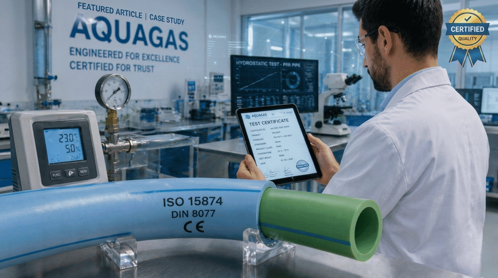 A scientist examines a test certificate on a tablet in an Aquagas lab. A large blue-green pipe with technical specifications is in the foreground.
