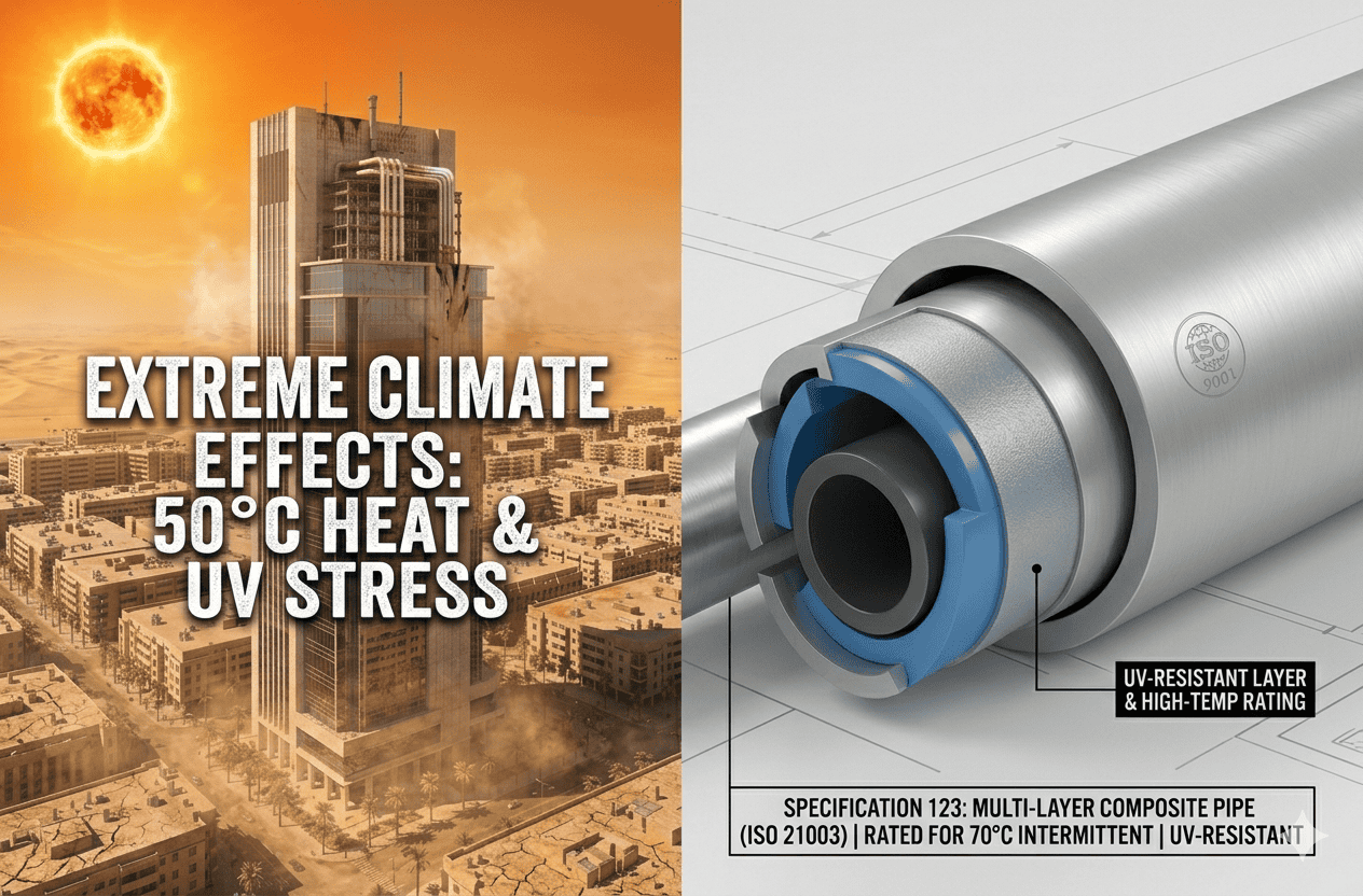 Split image of city under extreme heat and UV stress with a sun above, juxtaposed with a close-up of UV-resistant, high-temperature-rated pipe.
