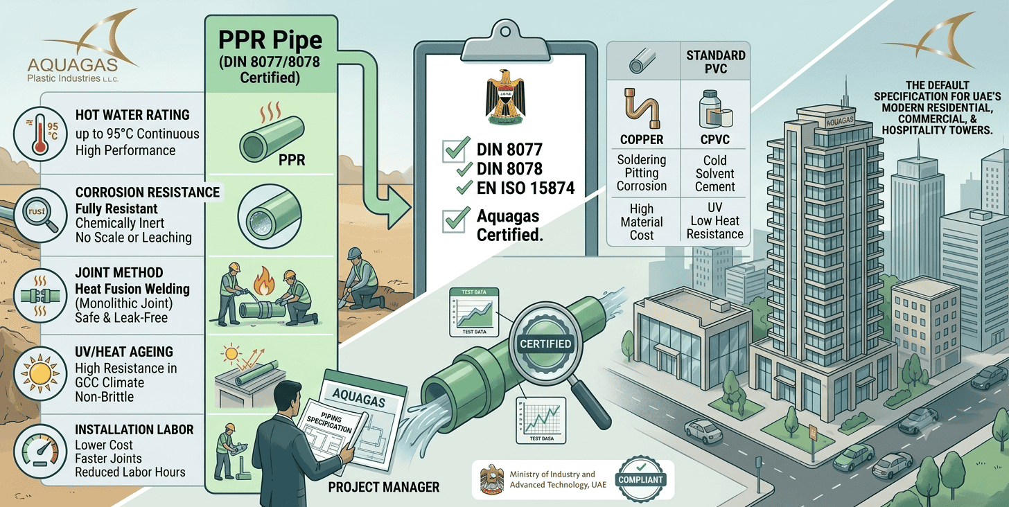 Comparison of PPR pipes with copper, CPVC, and PVC piping systems in the UAE, highlighting differences in durability, corrosion resistance, temperature performance, and cost.
