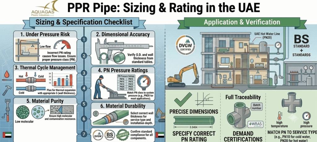 Engineers reviewing PPR pipe sizes and pressure ratings for a UAE construction project, ensuring proper water flow, system efficiency, and long-term performance.