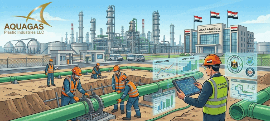 PPR fittings used in Iraq’s oil and industrial sector for process water distribution and chemical handling, ensuring durability, corrosion resistance, and reliable large-scale operations.