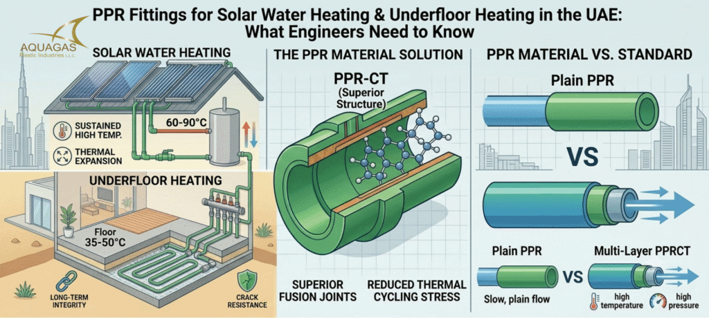 PPR fittings installed in solar water heating and underfloor heating systems in the UAE, providing reliable hot water circulation, thermal efficiency, and long-term durability.
