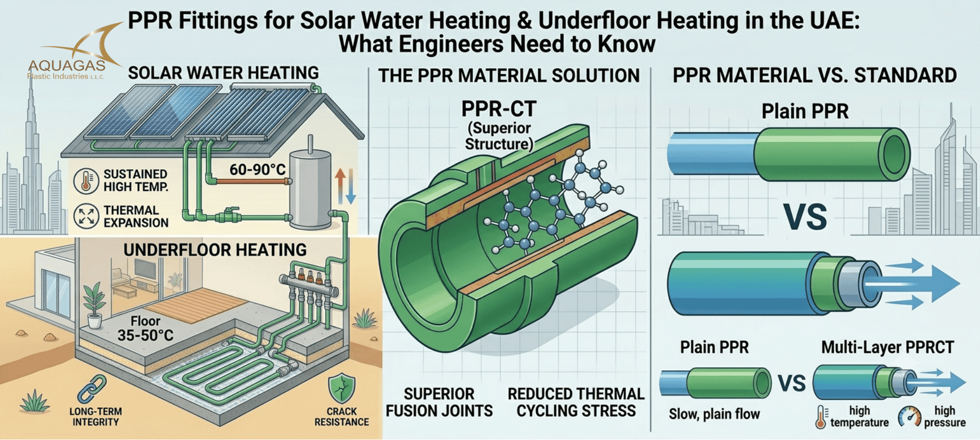 PPR fittings installed in solar water heating and underfloor heating systems in the UAE, providing reliable hot water circulation, thermal efficiency, and long-term durability.