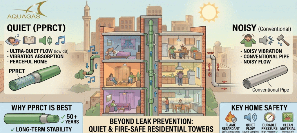 PPR piping system installed in an Iraqi apartment building, designed to reduce water flow noise, improve fire safety, and provide reliable long-term plumbing performance.