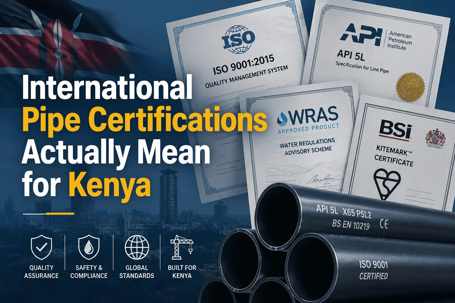 International Pipe Certifications image with certifications like ISO and API, highlighting quality assurance and compliance for Kenya. Kenyan flag and industrial pipes are visible.