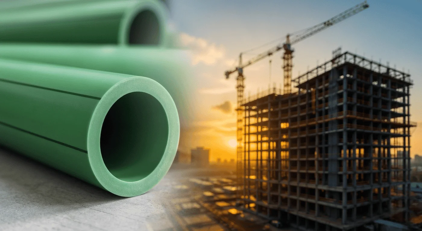 Close-up of green pipes with a backdrop of a construction site under sunset. Cranes and a building frame silhouette against an orange sky, conveying progress.