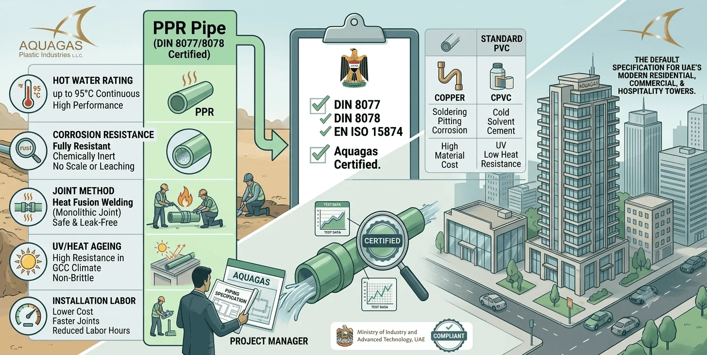 Comparison of PPR pipes with copper, CPVC, and PVC piping systems in the UAE, highlighting differences in durability, corrosion resistance, temperature performance, and cost.