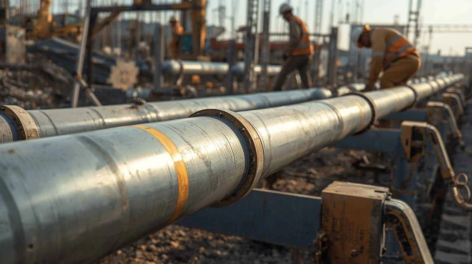 Industrial scene showing workers in helmets and reflective vests inspecting large metal pipes laid on supports, conveying a sense of construction and progress.